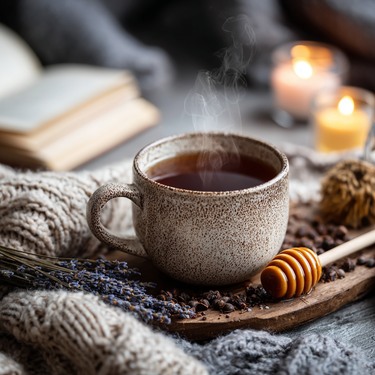 A steaming cup of Cocoa Moon 🍫🌙 sits on a tray with a honey dipper, coffee beans, and lavender sprigs, surrounded by cozy knit blankets, an open book, and lit candles in a warm, inviting setting.